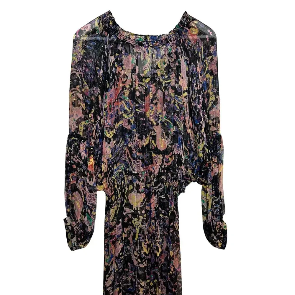 IRO Paris Ramona Dress Ruffle Trimmed Metallic Printed Chiffon Midi 40 - Picture 5 of 11